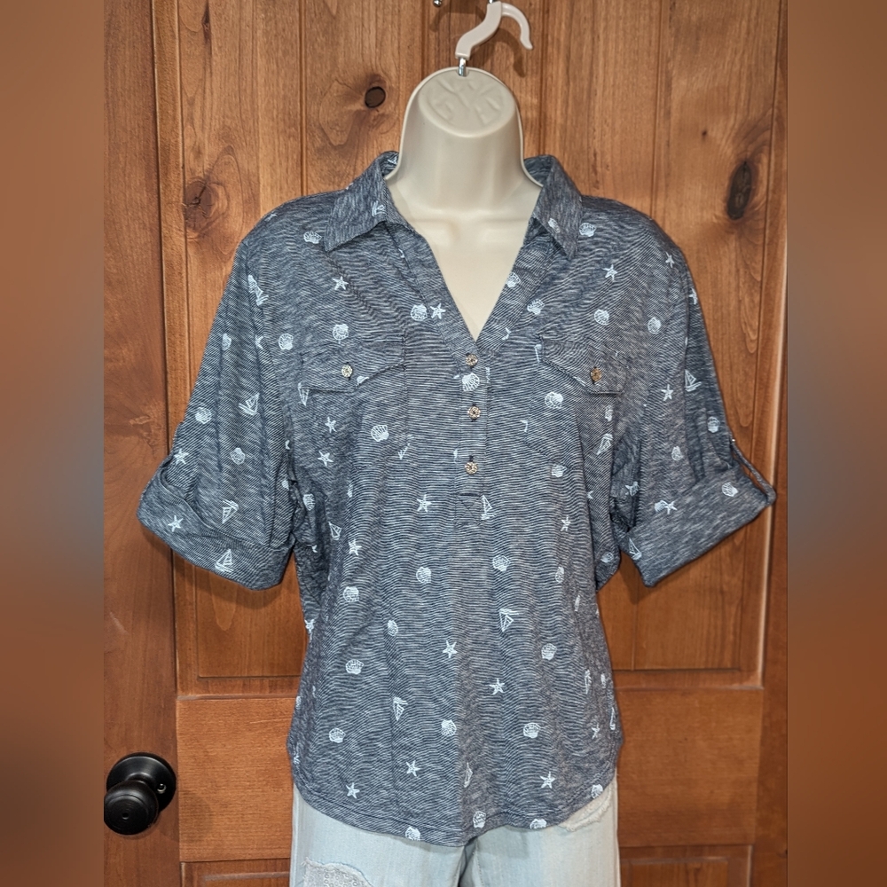 Nautical‎ Print Blue Short Sleeve Women's Top